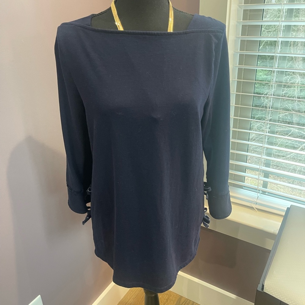 Talbots exclusive of decoration Dark Blue Blouse 3/4 Sleeves Size M 100% Cotton